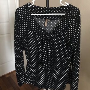 Long sleeve, tie neck, black and white polka dot blouse